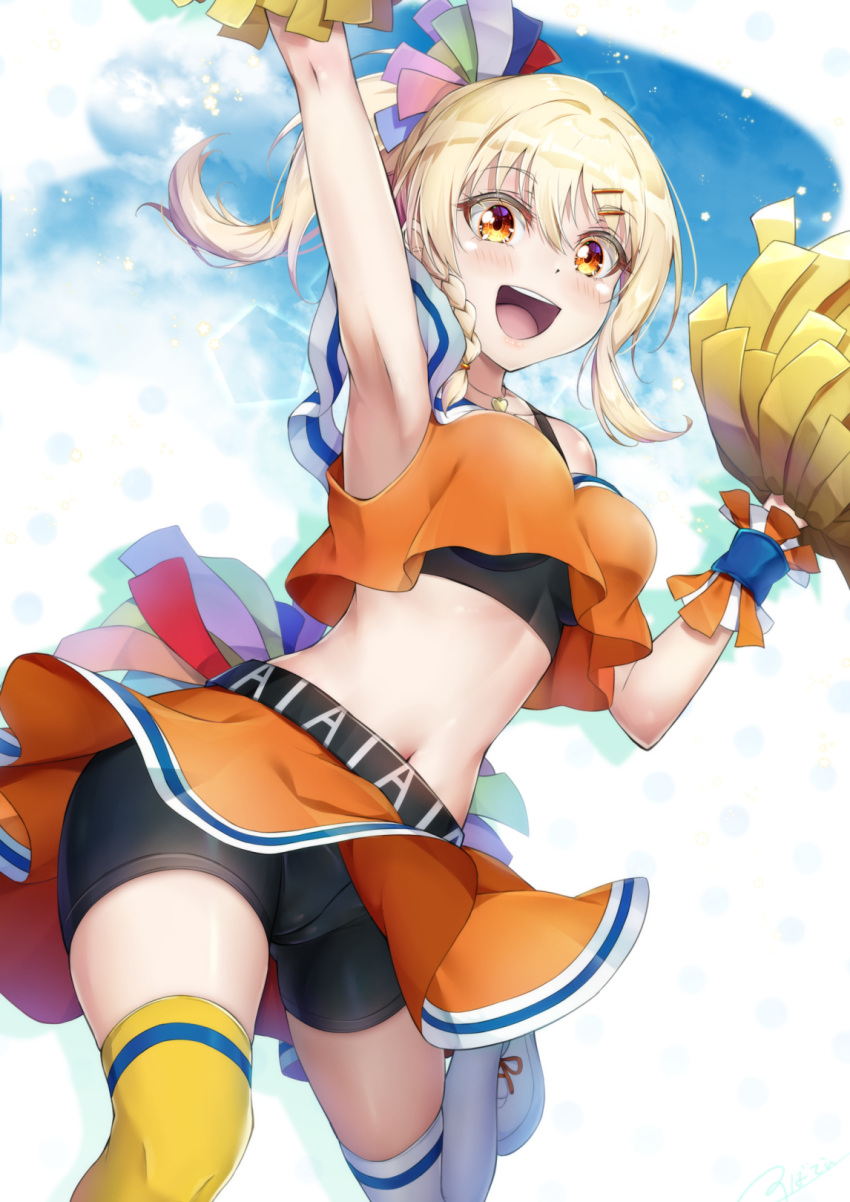 1girl, arms_up, asymmetrical_legwear, bangs, bike_shorts, black_shorts, black_sports_bra, blonde_hair
