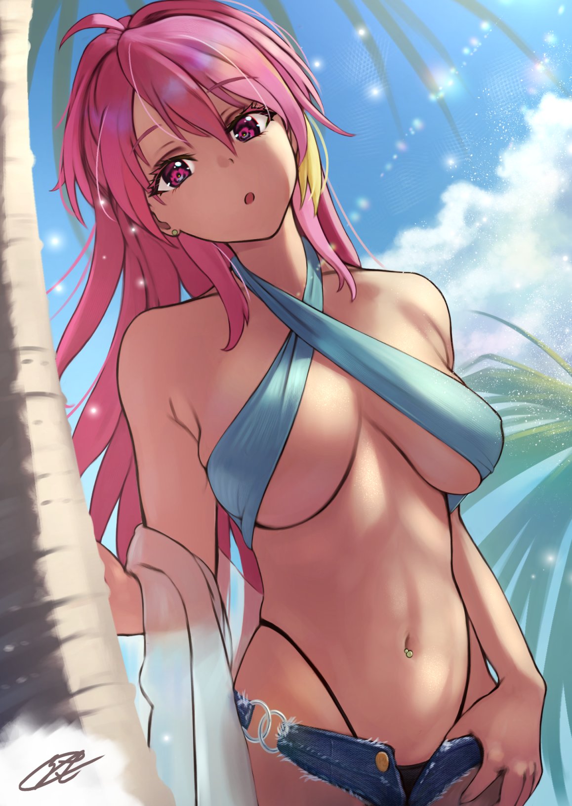 1girl, abs, bare_shoulders, bikini, blue_shorts, breasts, c_(theta), clouds