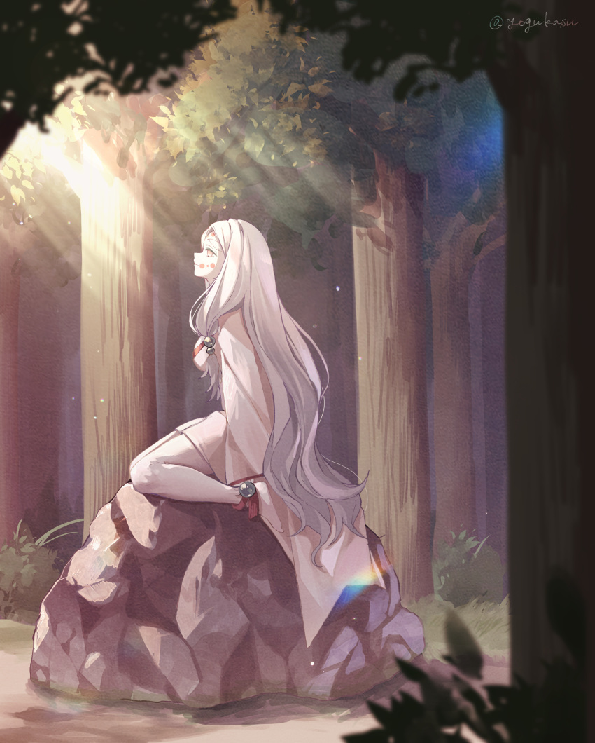 1girl, absurdres, anklet, barefoot, beads, blurry, boulder, breasts, depth_of_field, empty_eyes, facial_mark, forehead_mark, forest, from_side, hair_beads, hair_ornament, highres, japanese_clothes, jewelry, kimetsu_no_yaiba, kimono, light_particles, long_hair, long_sleeves, looking_away, mother_spider_demon_(kimetsu_no_yaiba), nature, outdoors, pale_skin, profile, red_eyes, sidelocks, sitting, solo, sunlight, very_long_hair, wariza, white_hair, yogukasu