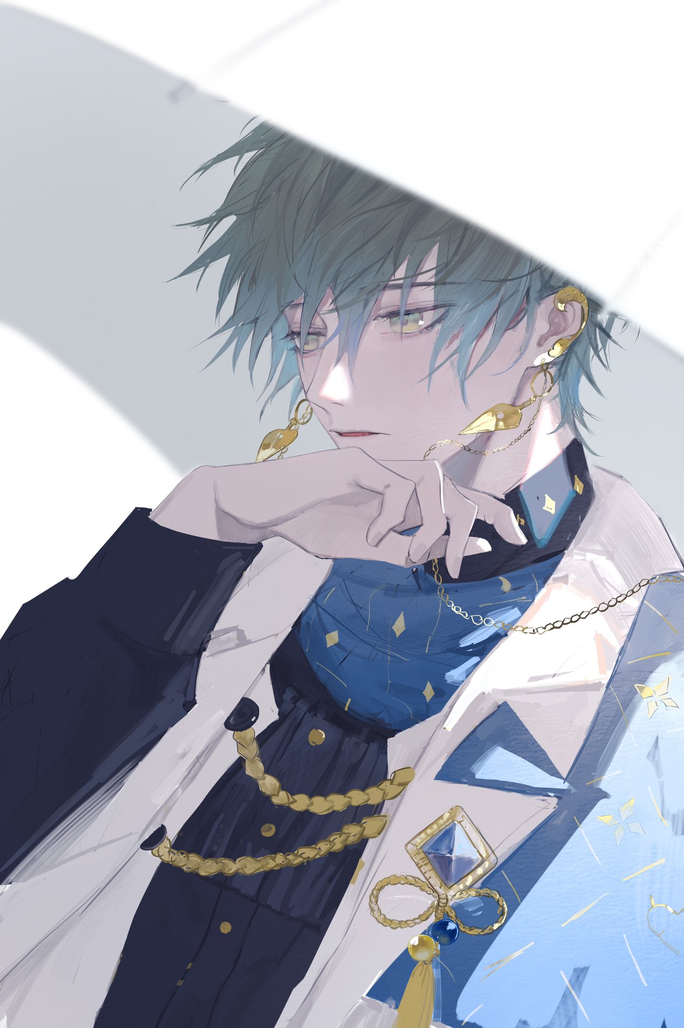 1boy, aiguillette, bangs, blue_hair, blurry, chain, depth_of_field, earclip