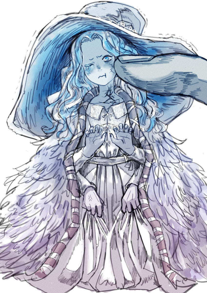 1girl, 1other, angry, artist_request, blue_eyes, blue_hair, blue_skin, blush