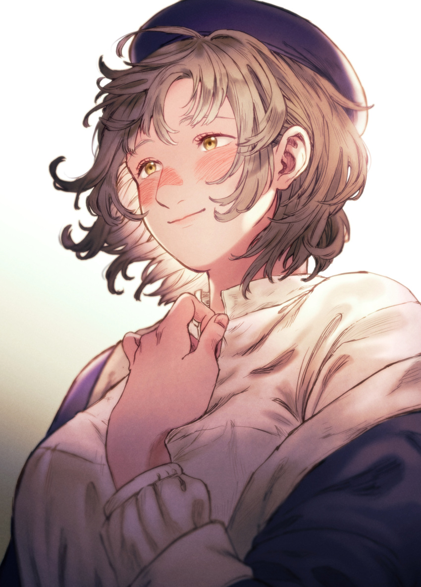 1girl, bangs, beret, blush, breasts, brown_hair, commentary_request, dungeon_meshi