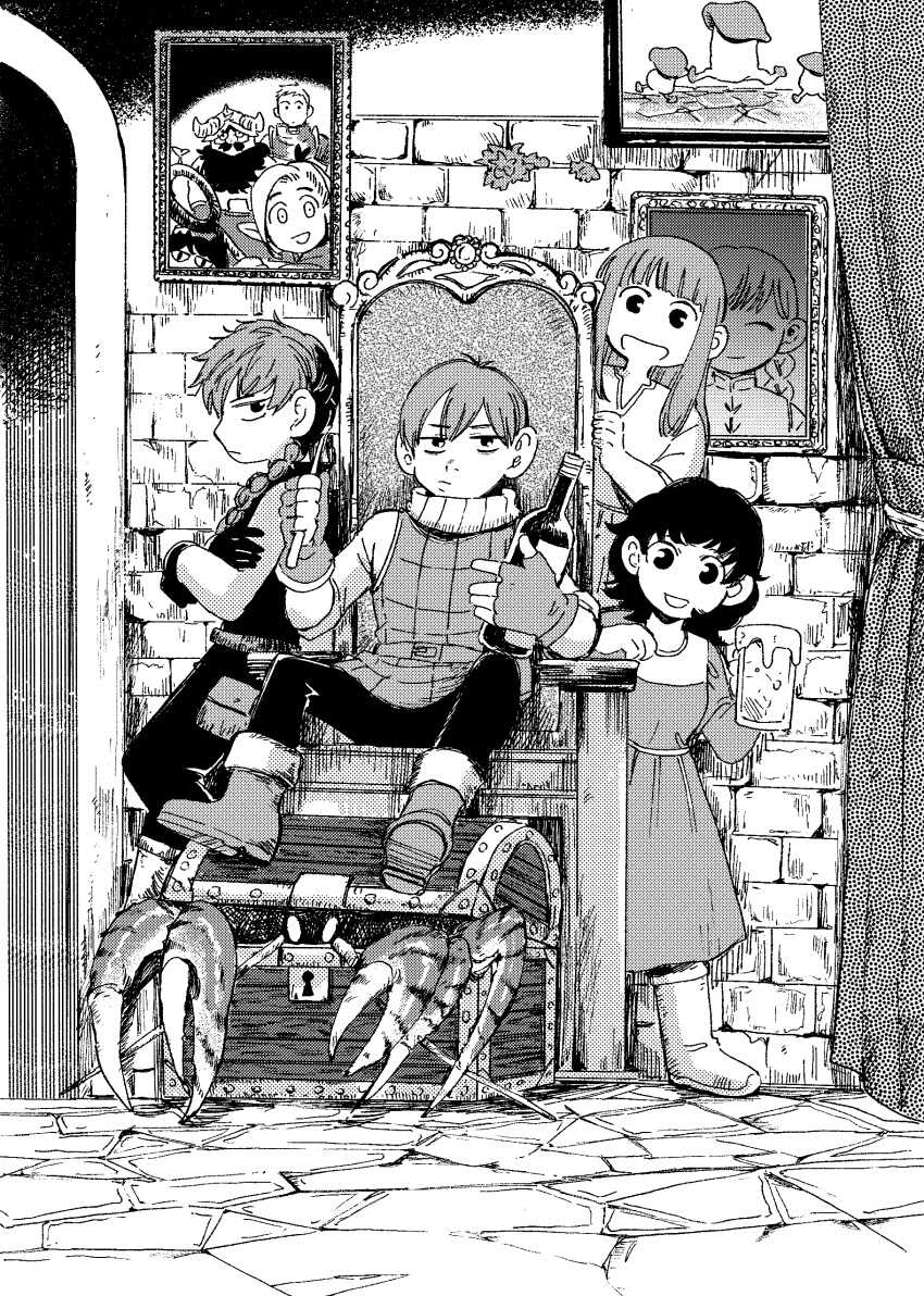 1boy, 3girls, :d, absurdres, beer_mug, boots, bottle, braid