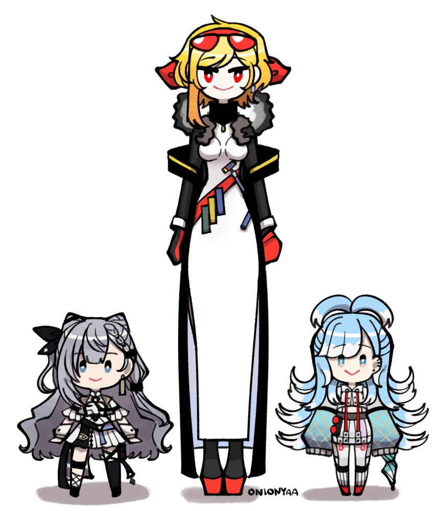 3girls, :>, antenna_hair, artist_name, asymmetrical_hair, asymmetrical_legwear, black_coat, black_legwear, black_ribbon, blonde_hair, blue_eyes, braid, chibi, closed_mouth, closed_umbrella, coat, commentary, dress, ear_piercing, earrings, english_commentary, eyebrows_visible_through_hair, eyewear_on_head, french_braid, full_body, fur_collar, gloves, hair_cones, hair_ribbon, height_difference, highres, holding, holding_umbrella, hololive, hololive_indonesia, hood, hoodie, jewelry, kaela_kovalskia, kobo_kanaeru, light_blue_hair, long_hair, long_legs, looking_at_viewer, medium_hair, miniskirt, multicolored_hair, multiple_girls, onionyaa, piercing, platform_footwear, pleated_skirt, red-tinted_eyewear, red_eyes, red_footwear, red_gloves, red_ribbon, ribbon, signature, simple_background, single_braid, skirt, sleeves_past_fingers, sleeves_past_wrists, smile, standing, tall_female, tinted_eyewear, two-tone_hair, umbrella, vestia_zeta, virtual_youtuber, wavy_hair, white_background, white_dress, white_hair, white_hoodie, white_legwear, white_skirt