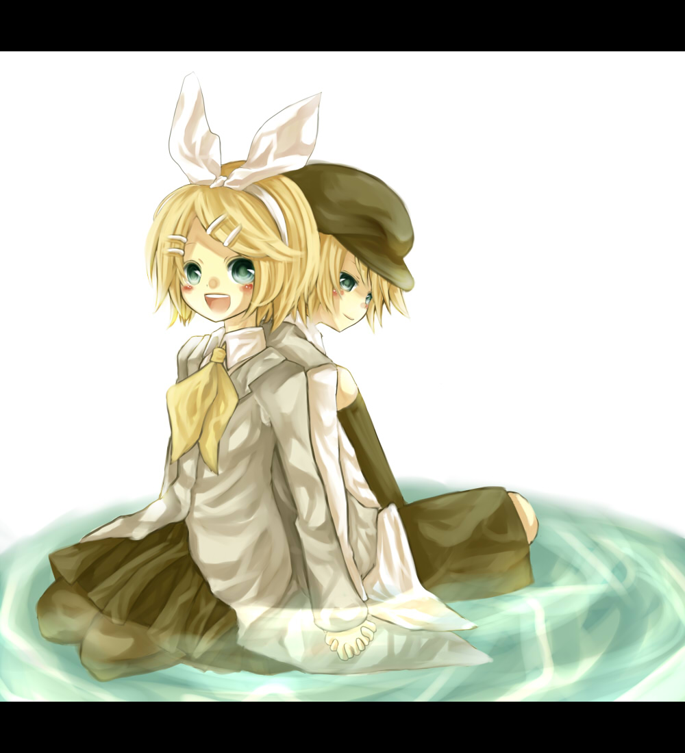 1boy, 1girl, beret, blonde_hair, blush, brother_and_sister, green_eyes, hairband