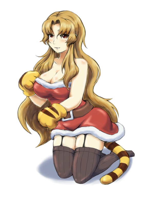 1girl, black_garter_straps, blonde_hair, cat_tail, cleavage, daidouji_(senran_kagura), eyebrows, eyes, female_focus, fur_trim, garter_straps, hair, hand_on_breast, kneeling, legs_together, minidress, miyu_(artist), no_bra, panties, panty_shot, paw_gloves, paws, red_dress, red_eyes, red_minidress, santa_dress, santa_minidress, tail, thighhighs, very_long_hair, wavy_hair, white_fur, white_panties