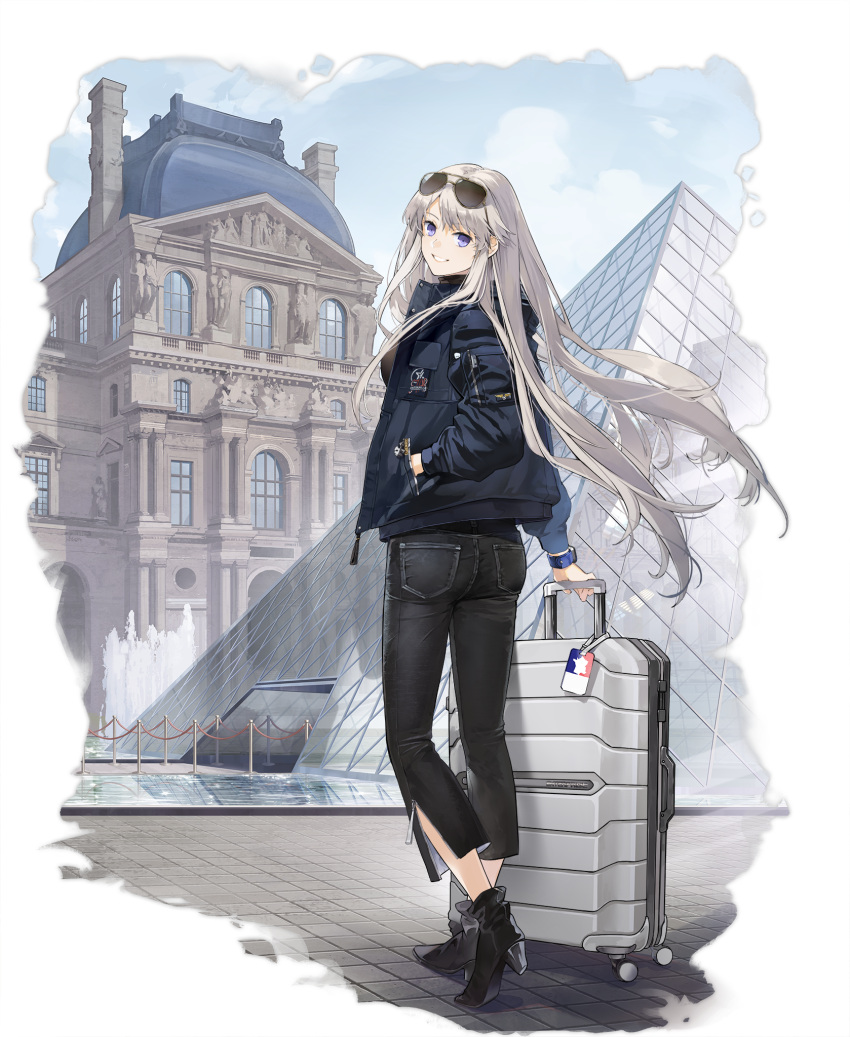 1girl, azur_lane, black_footwear, boots, denim, enterprise_(azur_lane), eyewear_on_head, from_behind, grin, hand_in_pocket, hao_(patinnko), high_heel_boots, high_heels, highres, holding, holding_suitcase, jacket, jeans, long_hair, looking_at_viewer, louvre_pyramid, official_alternate_costume, official_art, outdoors, pants, silver_hair, smile, standing, suitcase, sunglasses, transparent_background, violet_eyes, watch, watch