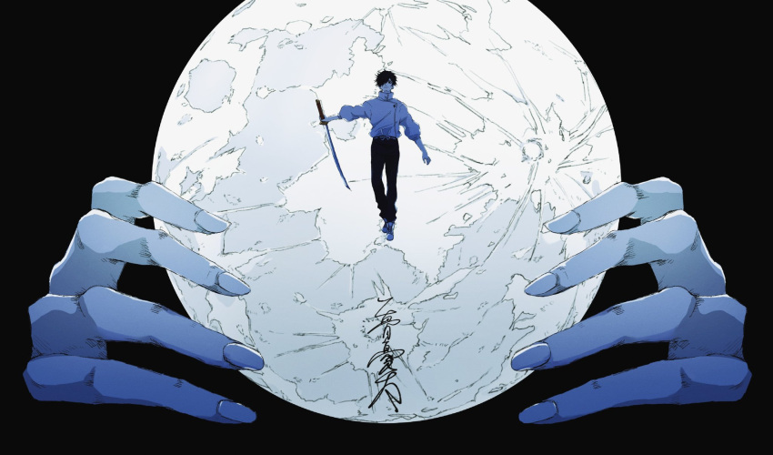 1boy, black_hair, black_pants, blue_theme, floating, full_moon, giant, hair_over_one_eye