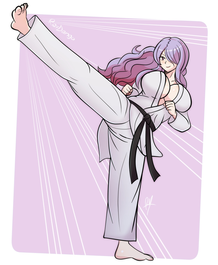 1girl, absurdres, alternate_costume, artist_name, barefoot, belt, black_belt, breasts