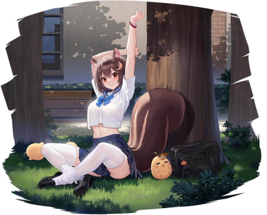 1girl, allenes, animal_ears, arms_up, azur_lane, bag, black_footwear, blue_bow