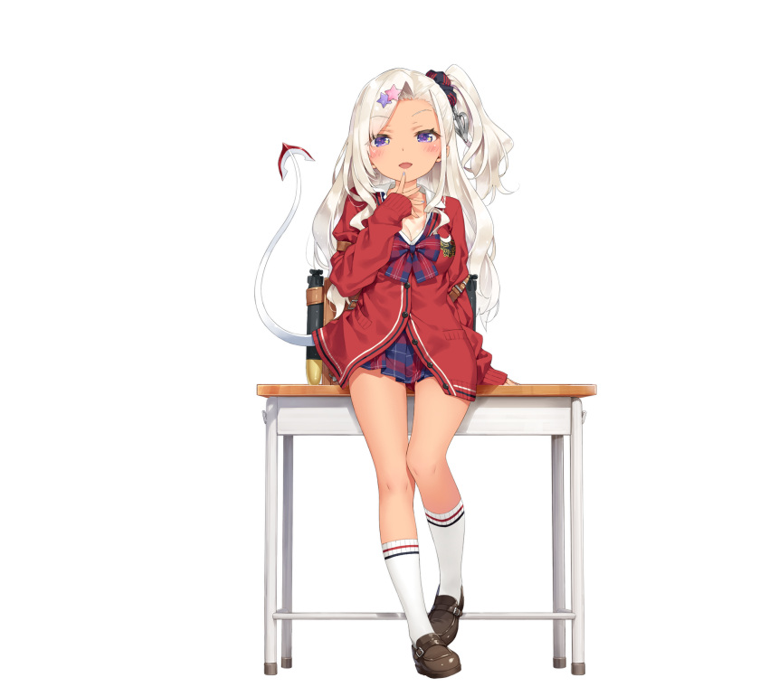 1girl, archerfish_(azur_lane), archerfish_(the_devil_next_door)_(azur_lane), azur_lane, bangs, brown_footwear, desk, fake_tail