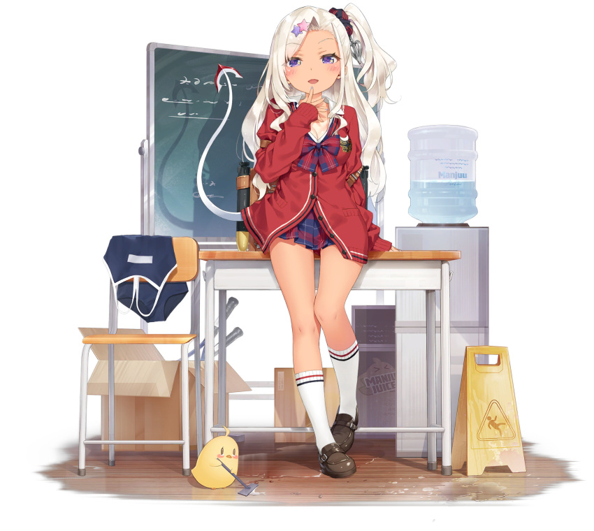 1girl, archerfish_(azur_lane), archerfish_(the_devil_next_door)_(azur_lane), azur_lane, bangs, brown_footwear, chalkboard, desk