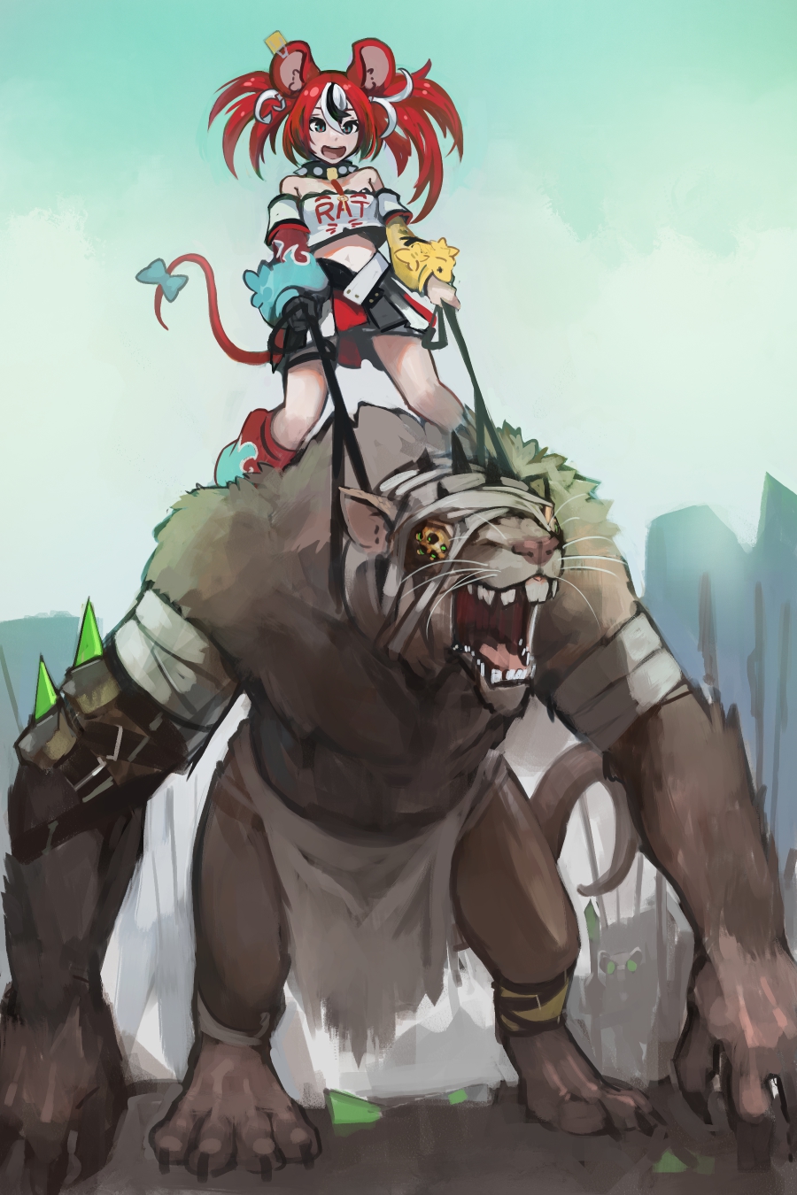 1girl, animal_ears, bandages, bare_shoulders, black_collar, black_gloves, blue_ribbon, collar