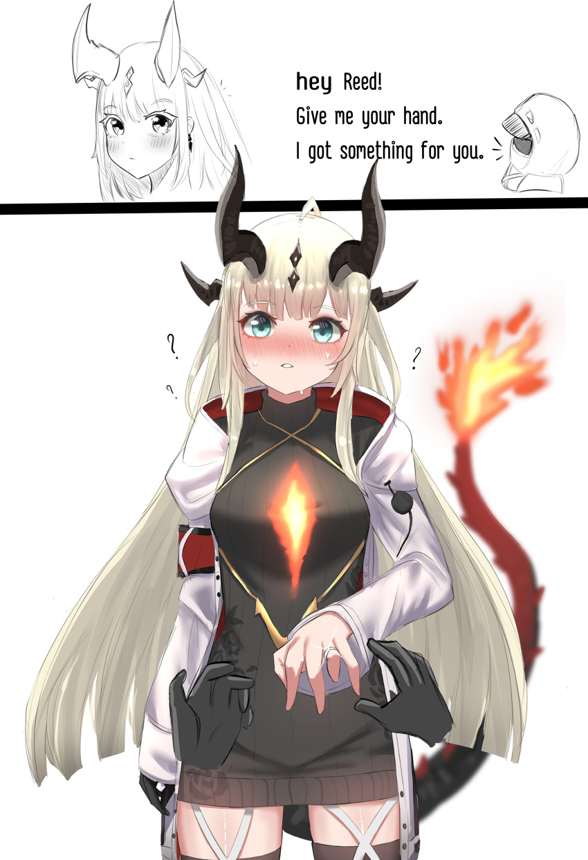 1girl, 1other, absurdres, arknights, bangs, black_dress, black_legwear, blue_eyes