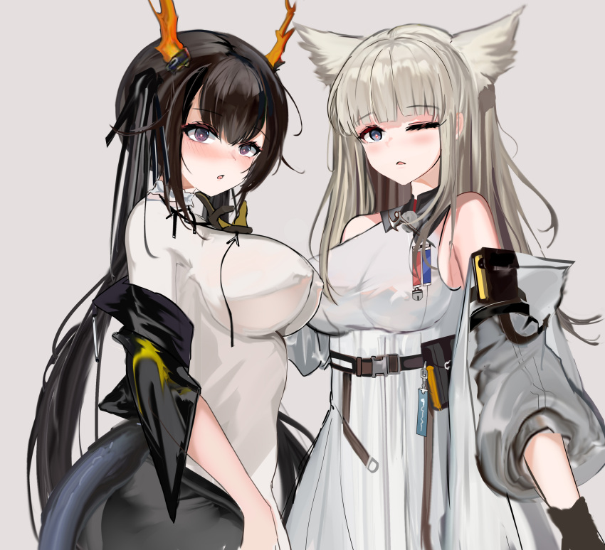 2girls, :o, absurdres, animal_ears, arknights, arknights:_endfield, bangs, bare_shoulders