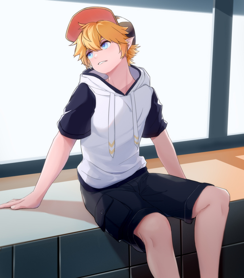 1boy, aotu_world, baseball_cap, black_shorts, blonde_hair, blue_eyes, hair_between_eyes, hat