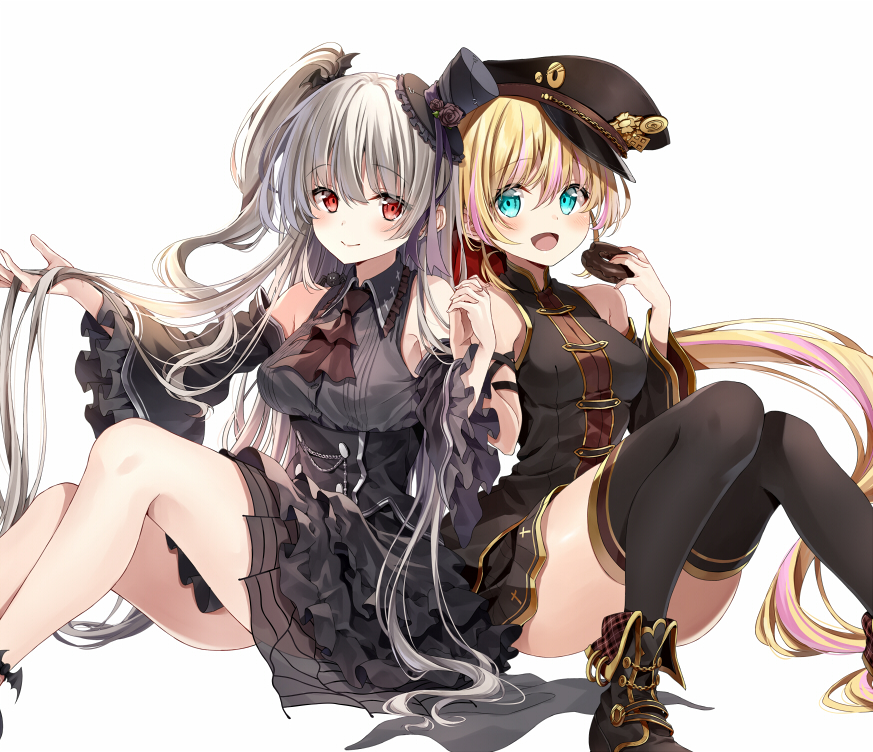 2girls, aqua_eyes, arm_strap, ascot, bangs, black_ascot, black_blouse, black_dress