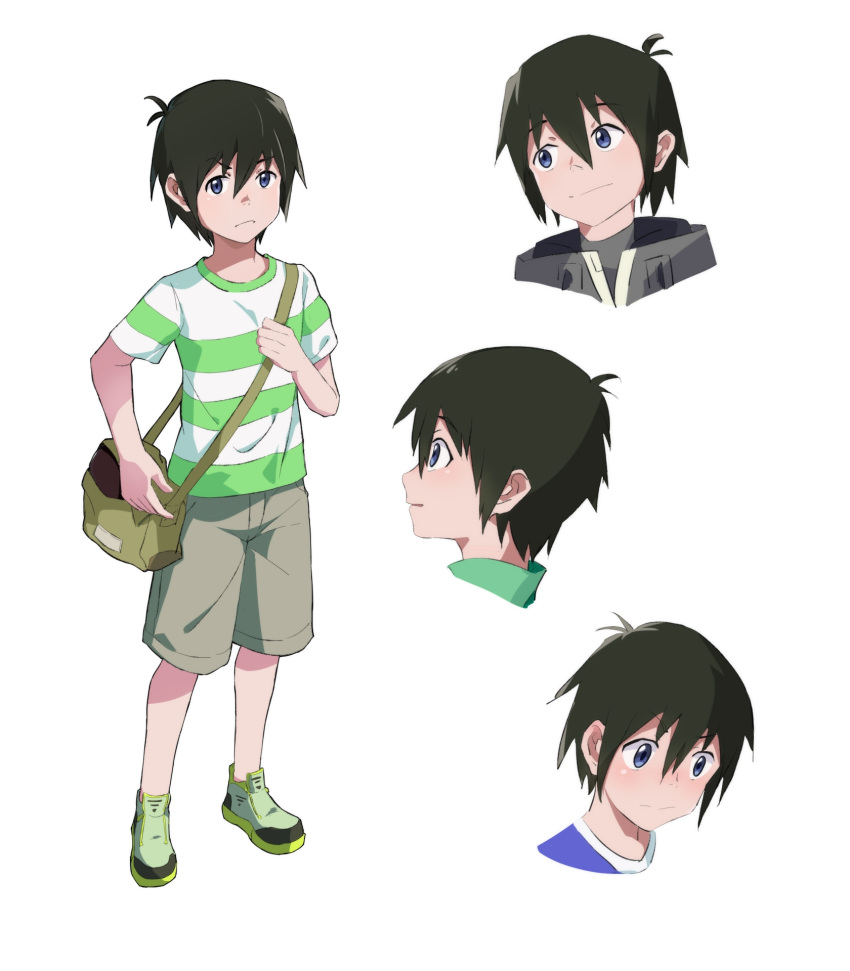1boy, bag, blue_eyes, blush, brown_hair, chikyuugai_shounen_shoujo, frown, hair_between_eyes, handbag, highres, konana, male_focus, multiple_views, sagami_touya, shirt, shoes, shorts, smile, striped, striped_shirt, white_background