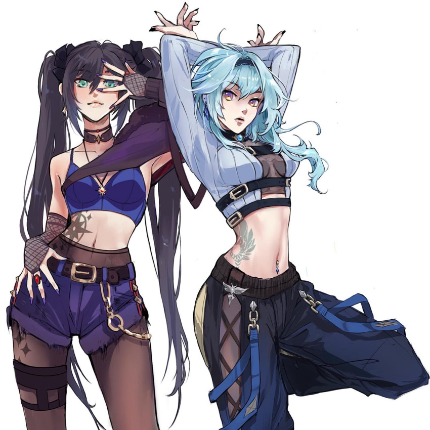 2girls, arms_up, belt, belt_buckle, black_hair, blue_hair, breasts, bridal_gauntlets