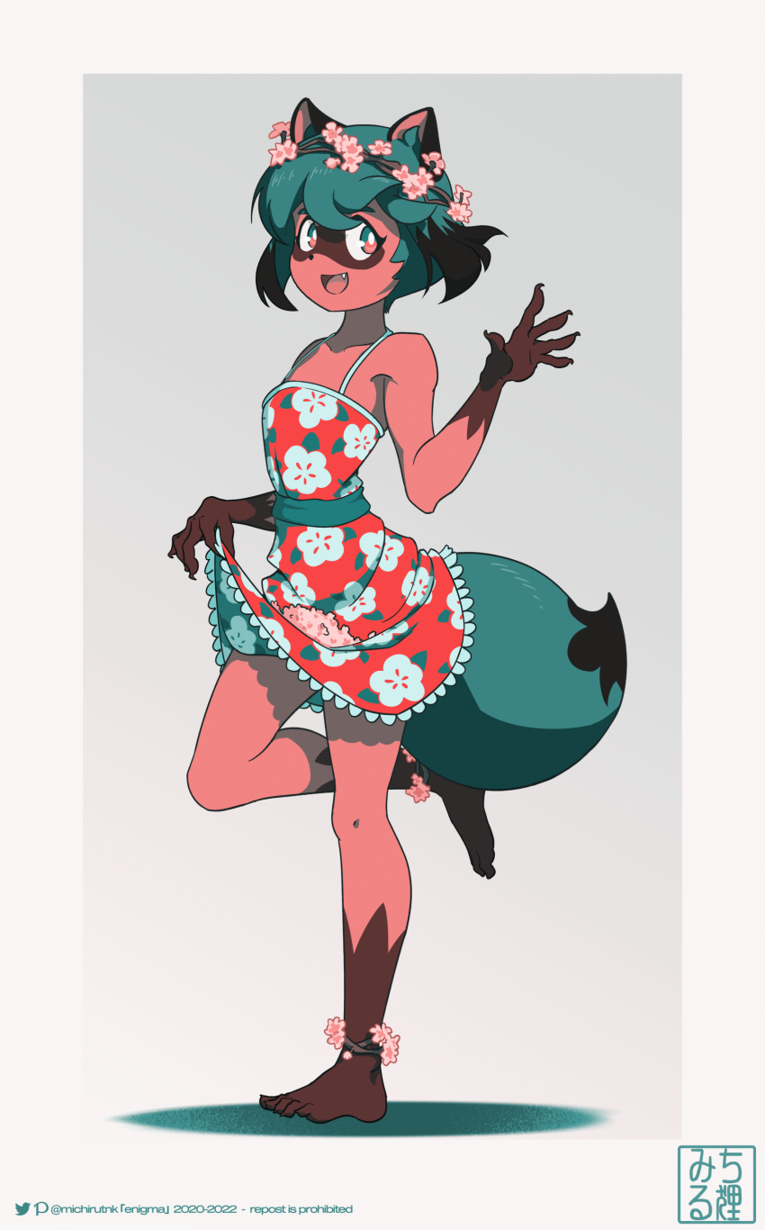 1girl, :d, absurdres, alternate_costume, animal_ears, animal_nose, anklet, artist_name