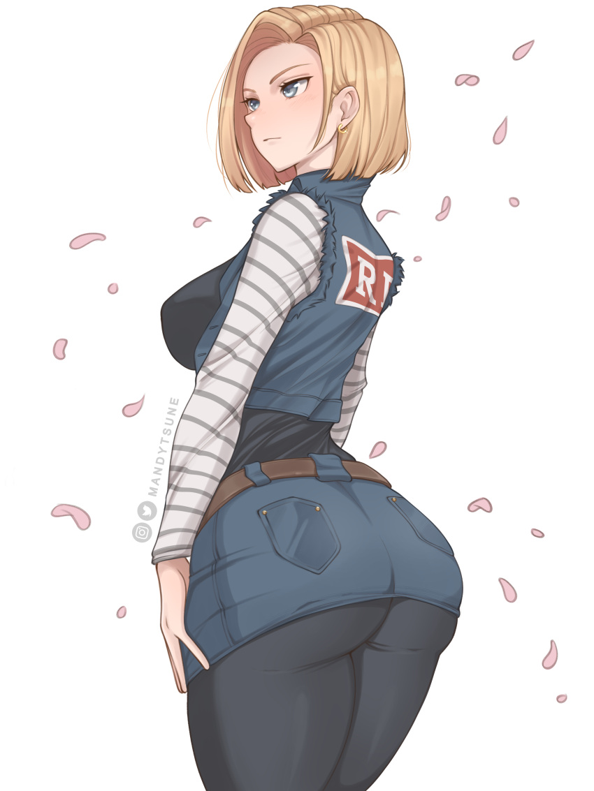 1girl, absurdres, android_18, artist_name, ass, blonde_hair, blue_eyes, breasts, closed_mouth, denim, denim_jacket, denim_skirt, dragon_ball, dragon_ball_z, earrings, from_behind, highres, jacket, jewelry, large_breasts, looking_to_the_side, mandytsune, medium_hair, pantyhose, petals, red_ribbon_army, shirt, simple_background, skirt, sleeveless, sleeveless_jacket, solo, striped, striped_shirt, white_background