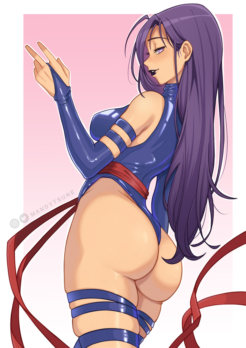 1girl, absurdres, artist_name, ass, blue_leotard, breasts, bridal_gauntlets, closed_mouth