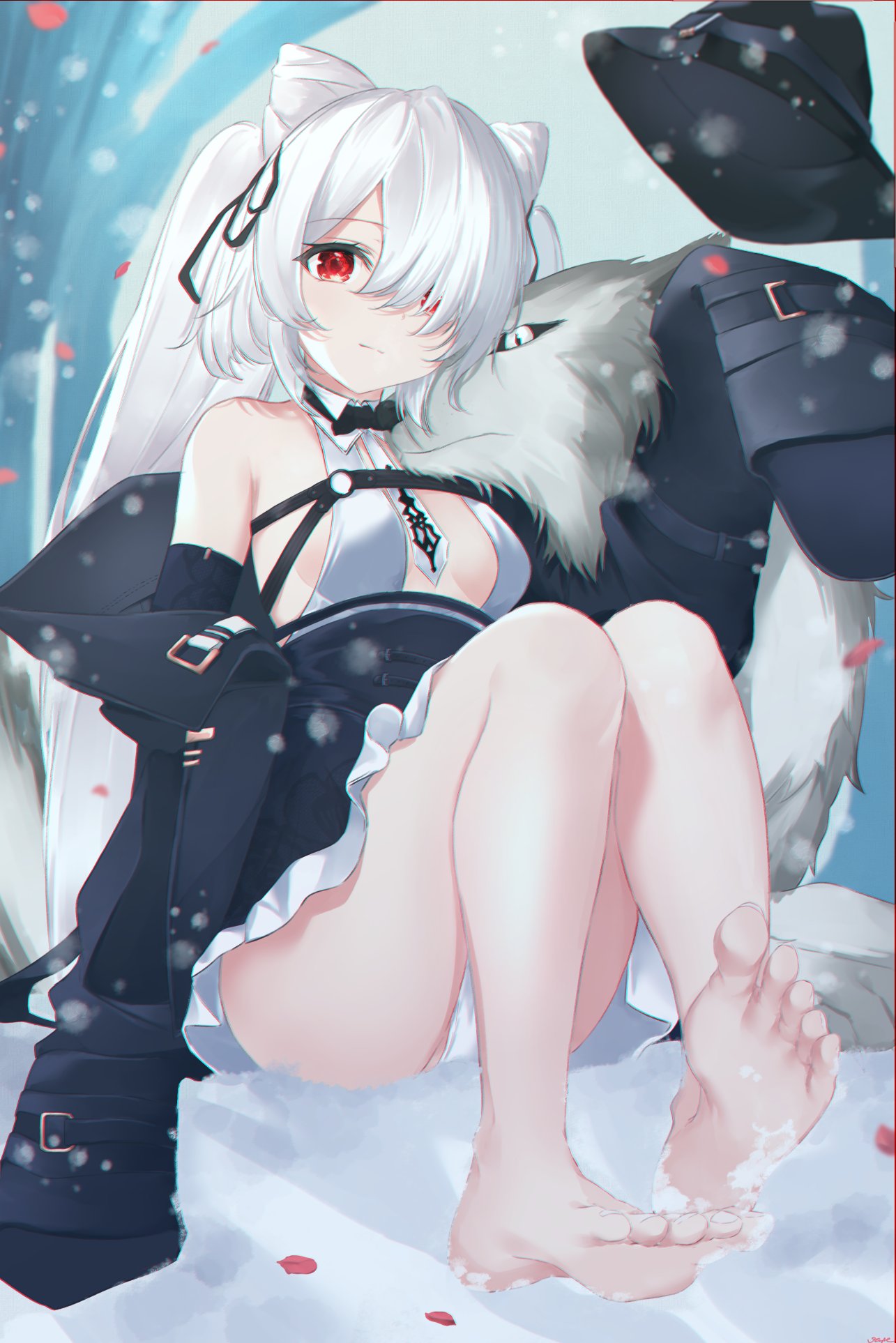 1girl, ass, azur_lane, bangs, between_breasts, blue_background, bow, bowtie, breasts, closed_mouth, clothing_cutout, coat, eyebrows_visible_through_hair, feet, frilled_skirt, frills, hair_cones, hair_horns, hair_ornament, hair_over_one_eye, hair_ribbon, hat, highres, kiev_(azur_lane), kiev_(backstreet_silver_sonata)_(azur_lane), long_hair, looking_at_viewer, necktie, necktie_between_breasts, official_alternate_costume, one_eye_covered, petals, red_eyes, ribbon, sidelocks, silver_hair, skirt, small_breasts, smile, snow, thighs, vayneeeee, very_long_hair, very_long_sleeves, white_necktie, wolf