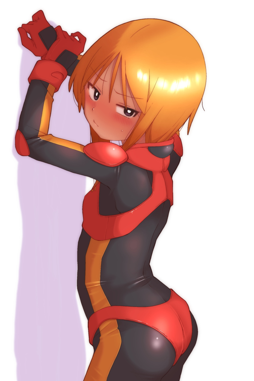 1girl, absurdres, arms_up, ass, black_bodysuit, black_eyes, blush, bodysuit, commentary_request, from_behind, gloves, gundam, gundam_zz, highres, looking_at_viewer, looking_back, onimaru_(onimal7802), orange_hair, own_hands_together, panties, pilot_suit, puru_two, red_gloves, red_panties, short_hair, simple_background, skin_tight, solo, thighs, underwear, white_background