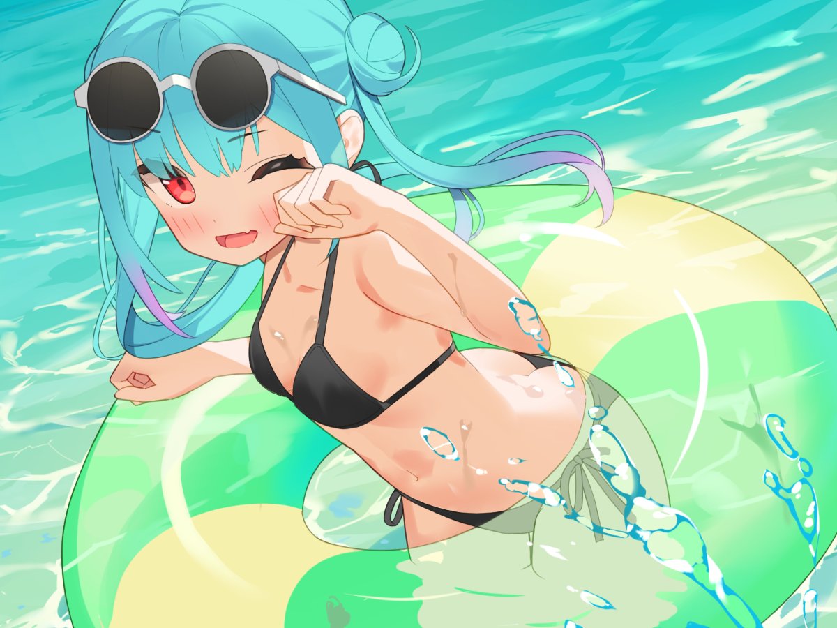 1girl, ass, bangs, bikini, black_bikini, blue_hair, blush, breasts
