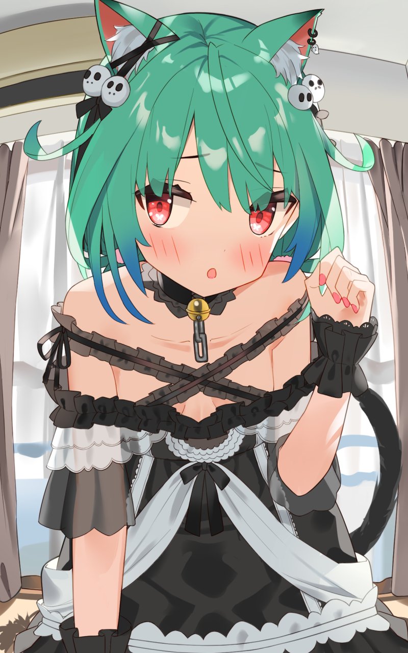 1girl, animal_ear_fluff, animal_ears, bangs, bell, black_choker, black_dress, blush