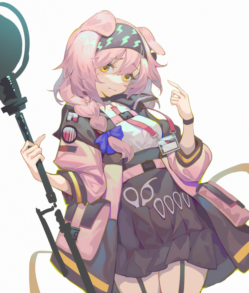1girl, absurdres, animal_ears, arknights, bangs, black_skirt, bow, braid