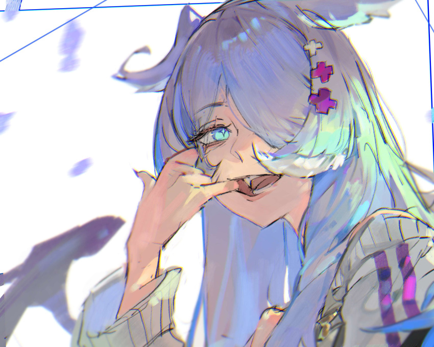 1girl, absurdres, blue_eyes, blue_hair, elira_pendora, eyebrows_visible_through_hair, fangs, hair_over_one_eye
