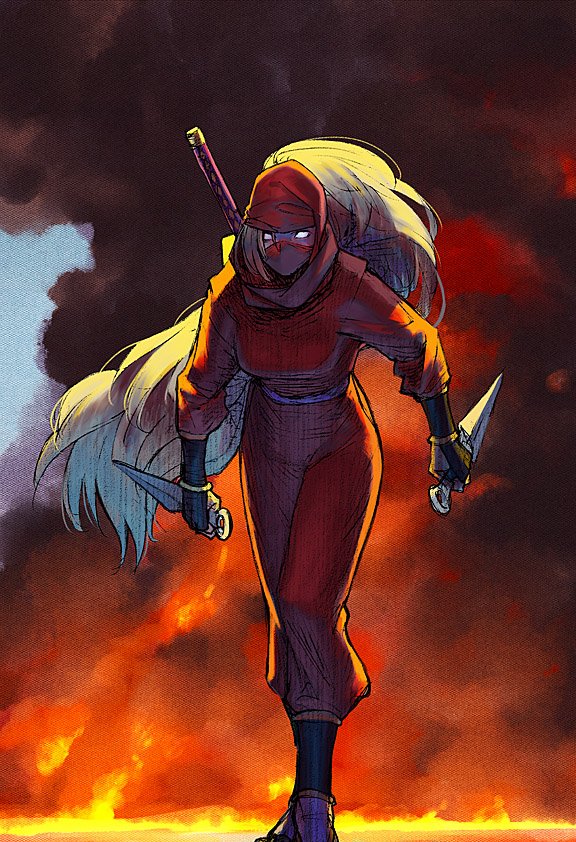 1990s_(style), 1girl, blonde_hair, dual_wielding, fire, holding, kunai, kunoichi_(the_ninja_warriors)