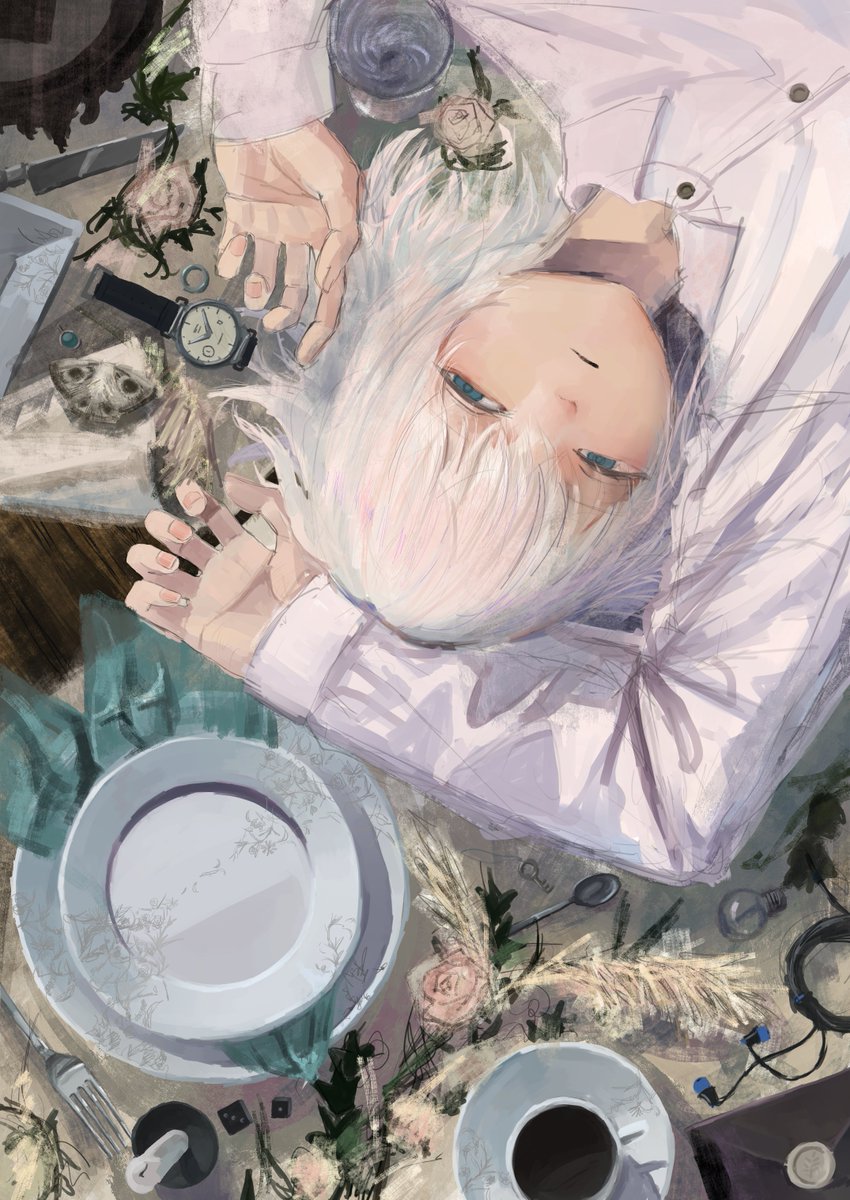 bangs, blue_eyes, buttons, closed_mouth, coffee_cup, collared_shirt, commentary_request, cup