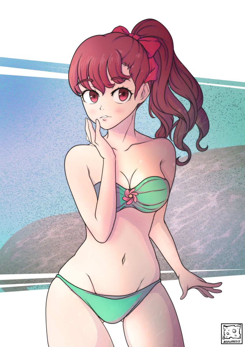 1girl, artist_name, ass_visible_through_thighs, atlus, bikini, blush, bow, cowboy_shot, cute, deviantart_username, green_bikini, hair_bow, long_hair, looking_at_viewer, megami_tensei, navel, persona, persona_5, persona_5_the_royal, ponytail, red_eyes, redhead, sega, solo, swimsuit, yoshizawa_kasumi, zerucheese