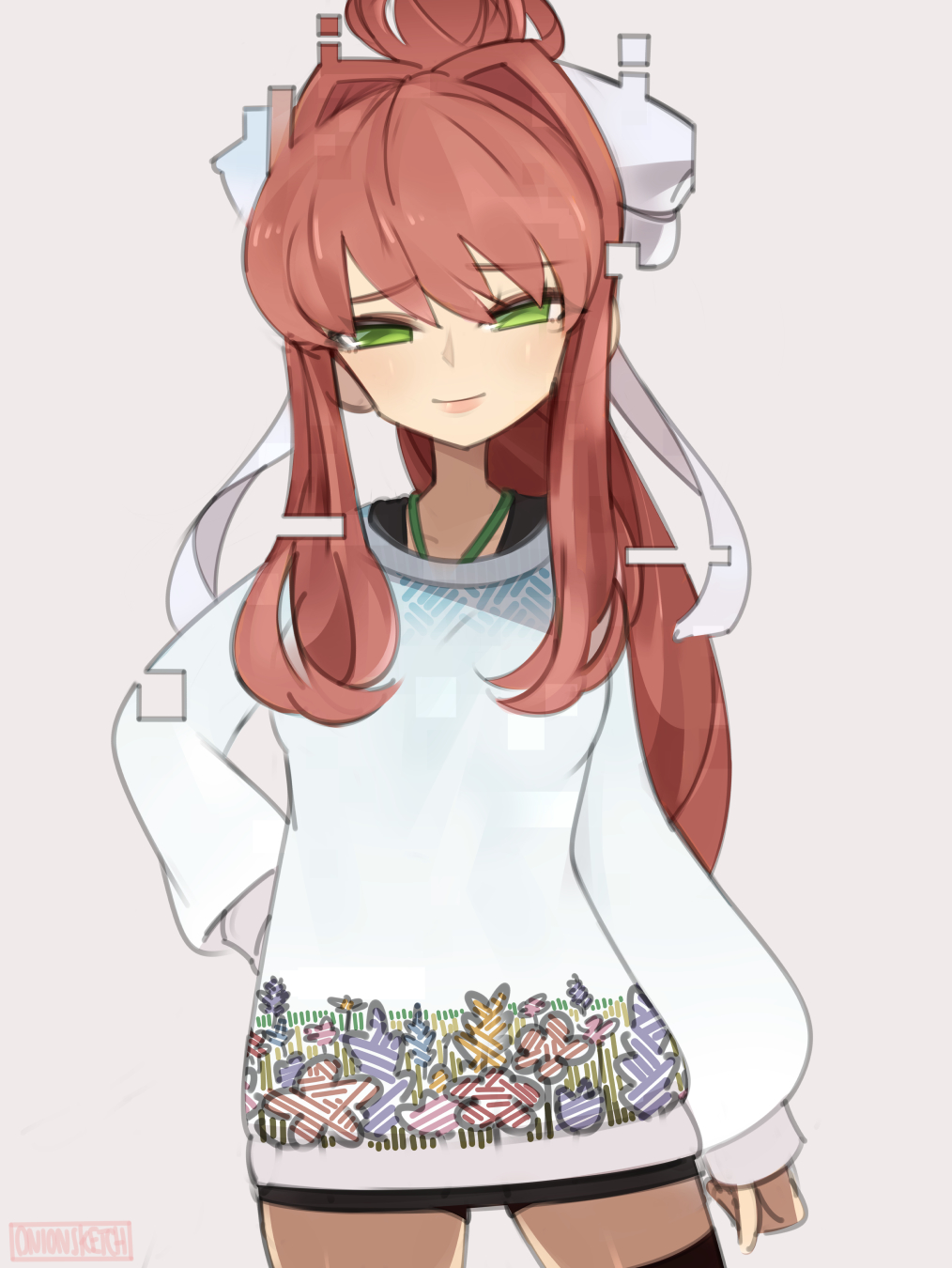 1girl, alternate_costume, brown_hair, clenched_hand, doki_doki_literature_club, eyebrows_visible_through_hair, glitch, green_eyes, grey_background, hair_ribbon, half-closed_eyes, hand_on_hip, highres, monika_(doki_doki_literature_club), onionsketch, ponytail, ribbon, smile, solo, sweater, white_ribbon, white_sweater