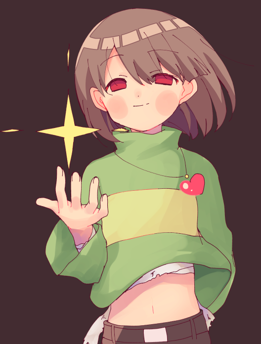 1other, bandages, bangs, belly, blush_stickers, brown_hair, brown_pants, chara_(undertale)