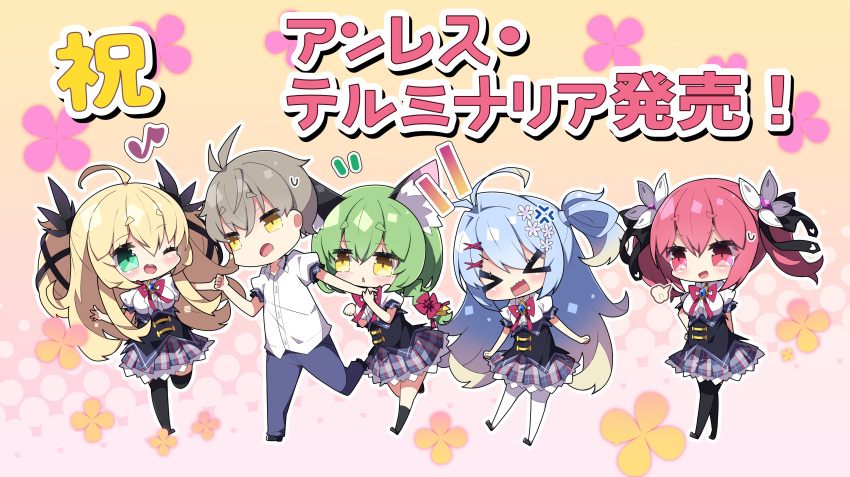 >_<, 1boy, 4girls, :d, absurdres, ahoge, anger_vein, antenna_hair