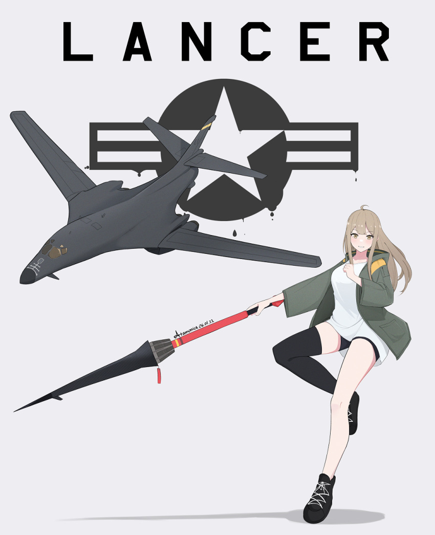 1girl, ahoge, aircraft, airplane, artist_name, asymmetrical_legwear, atamonica, b-1_lancer, blush, brown_hair, commentary, english_commentary, grin, highres, hood, hoodie, lance, long_hair, looking_at_viewer, military, original, oversized_clothes, oversized_shirt, polearm, shirt, shoes, shorts, single_thighhigh, smile, sneakers, thigh-highs, united_states_air_force, weapon