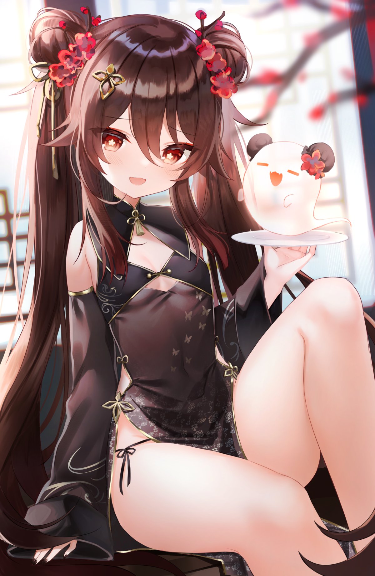 1girl, alternate_costume, bare_shoulders, black_dress, brown_hair, china_dress, chinese_clothes, covered_navel
