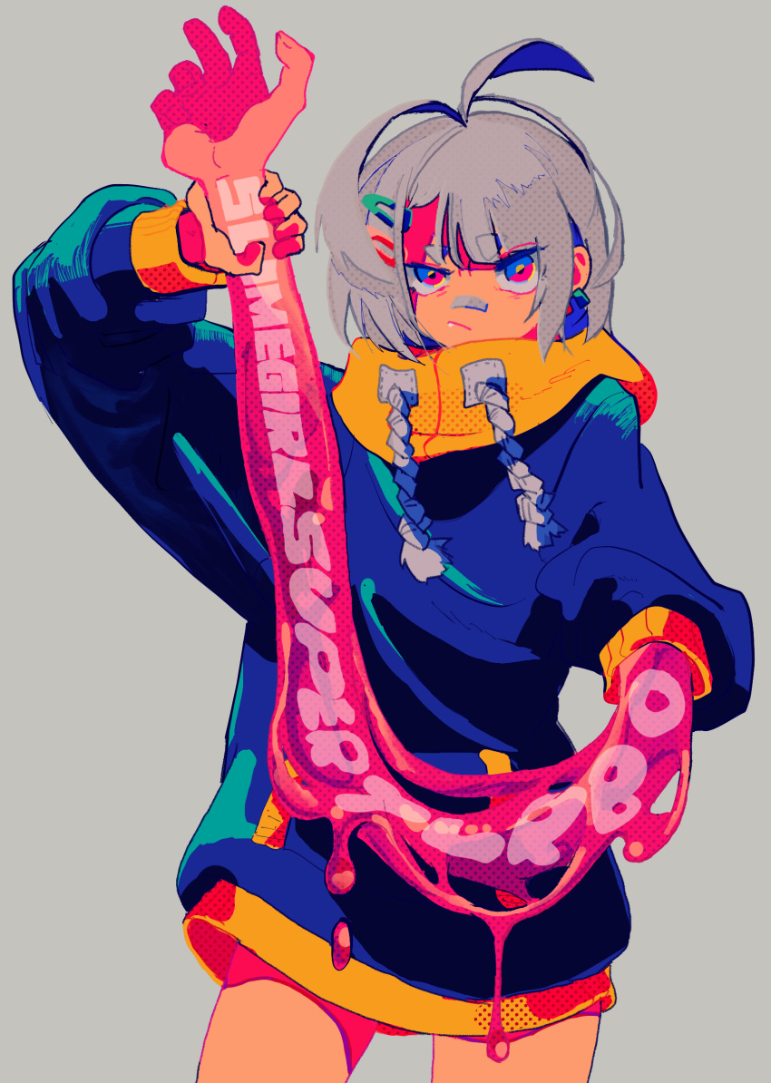 1girl, bandaid, bandaid_on_face, bandaid_on_nose, blue_eyes, blue_hoodie, closed_mouth, commentary_request, cowboy_shot, grey_background, grey_hair, hair_ornament, hairclip, highres, hood, hoodie, long_sleeves, mago_oowarawa, monster_girl, multicolored_eyes, original, red_eyes, short_hair, simple_background, slime_girl, solo