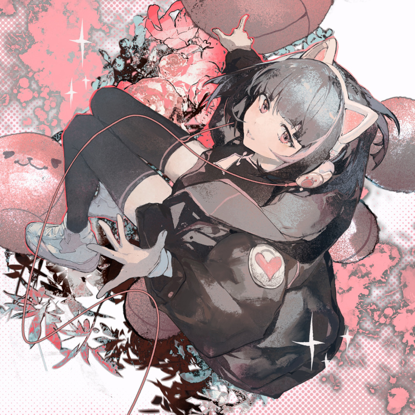 1girl, black_jacket, black_legwear, cat_ear_headphones, character_request, commentary, cytus_ii, flower