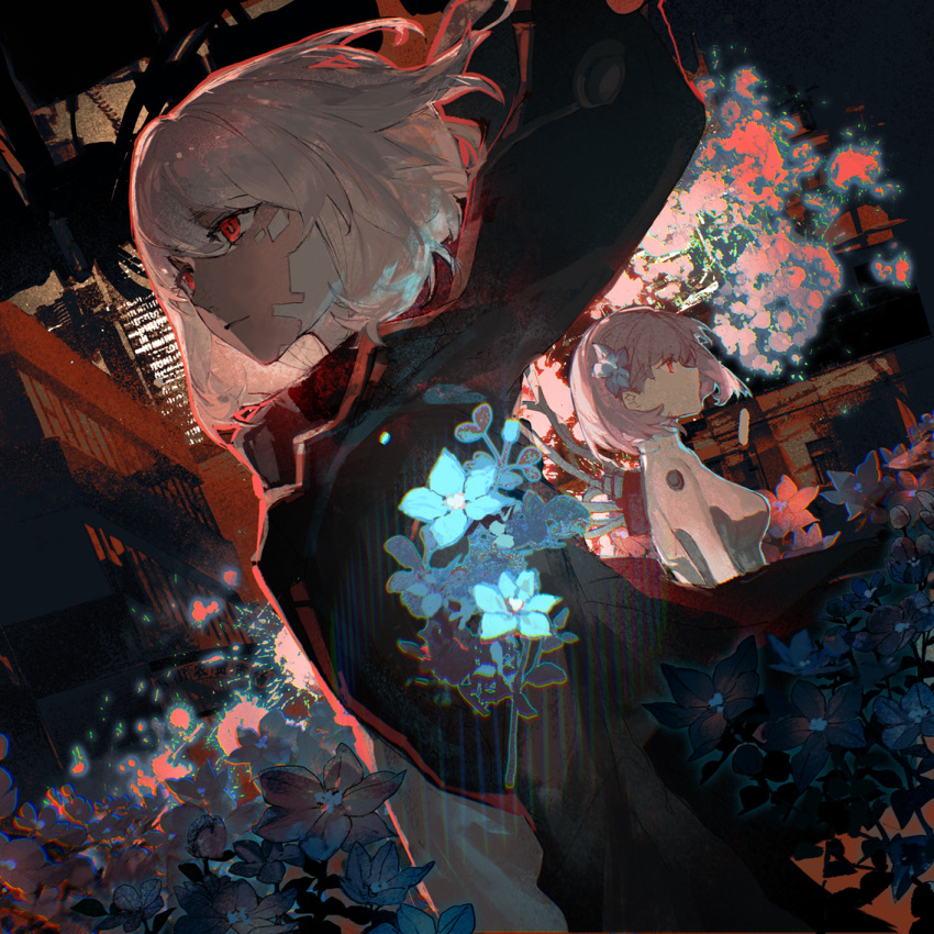 1girl, black_cloak, blue_flower, bodysuit, building, character_request, cloak, closed_mouth