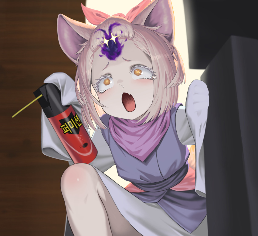 +_+, 1girl, absurdres, animal_ears, ash_blossom_&amp;_joyous_spring, blush, bug_spray, duel_monster, eyebrows, hair_ribbon, highres, japanese_clothes, kimono, knee_up, light_brown_hair, maxx_c, orange_eyes, pump_(iklee321), ribbon, short_hair, short_kimono, sleeves_past_wrists, surprised, yu-gi-oh!