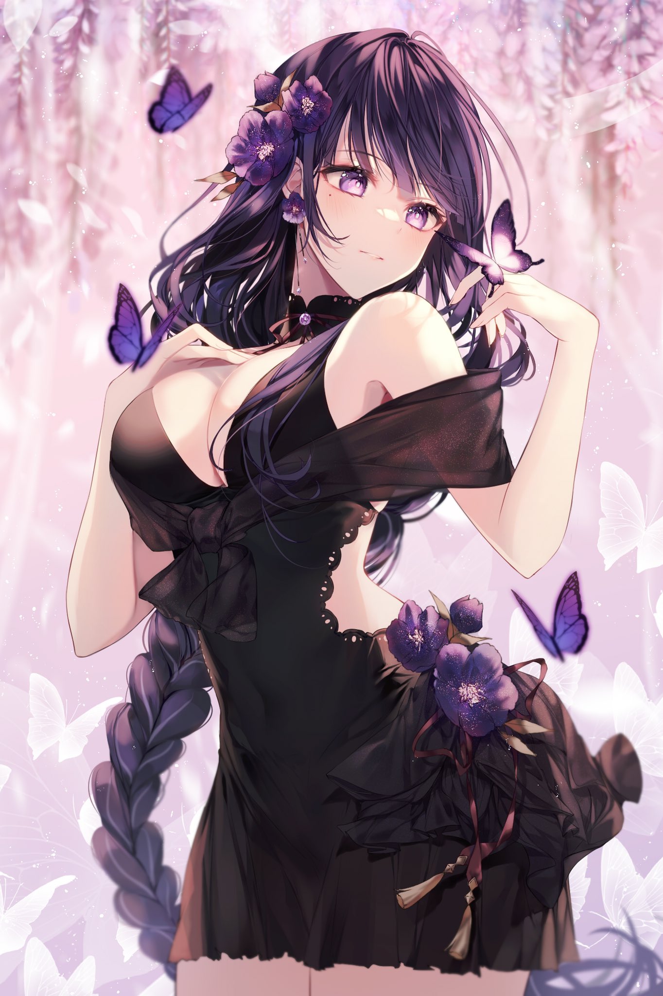 1girl, arched_back, bell, black_dress, black_hair, black_ribbon, blurry, blurry_background, braid, braided_ponytail, breast_press, breasts, bug, butterfly, butterfly_hair_ornament, cleavage, dress, flower, gem, genshin_impact, grass, hair_between_eyes, hair_flower, hair_ornament, hair_ribbon, hand_up, highres, insect, jewelry, large_breasts, long_hair, looking_at_another, looking_down, looking_to_the_side, miniskirt, neck_bell, pink_background, pink_butterfly, purple_butterfly, purple_flower, purple_hair, purple_ribbon, raiden_shogun, ribbon, simple_background, skirt, sleeveless, sleeveless_dress, solo, taya_oco, very_long_hair, violet_eyes