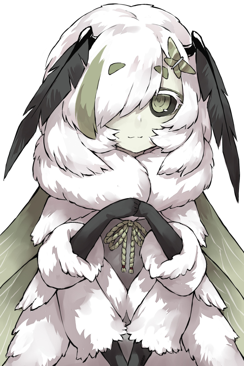 1girl, antennae, arthropod_girl, black_sclera, child, colored_sclera, colored_skin, extra_arms, green_eyes, green_hair, green_skin, hair_over_one_eye, haraya_manawari, highres, indie_virtual_youtuber, insect_wings, juniper_actias, moth_girl, moth_hair_ornament, moth_wings, multicolored_hair, smile, solo, streaked_hair, upper_body, virtual_youtuber, white_hair, wings, younger
