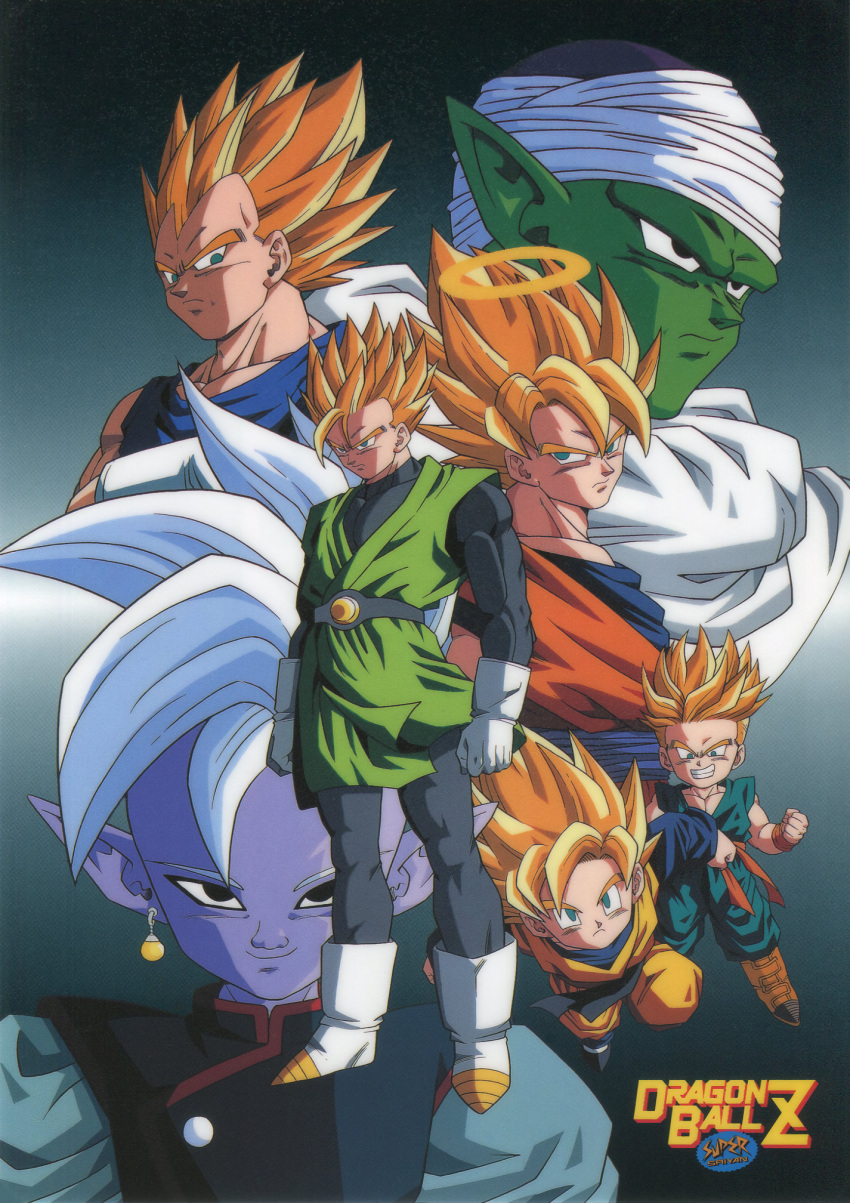 1990s_(style), aqua_eyes, black_eyes, blonde_hair, boots, colored_skin, copyright_name, dougi