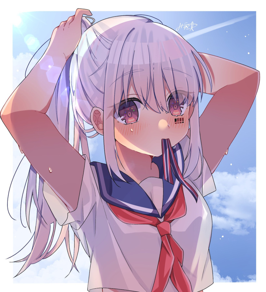 1girl, barcode, barcode_tattoo, genderswap, highres, looking_at_viewer, mafumafu, mouth_hold