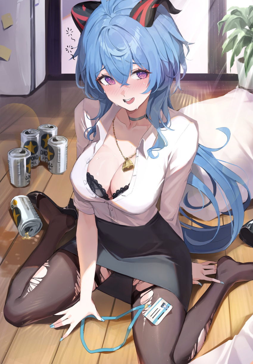 1girl, @_@, absurdres, ahoge, bangs, beer_can, bell, black_bra