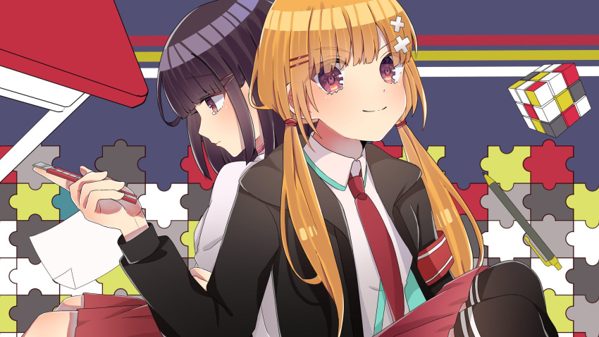2girls, black_hair, blonde_hair, brown_hair, character_request, cutter, highres, jacket